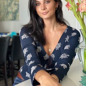 Motel Rocks Navy and Rose Tie Top w/Bell Sleeves